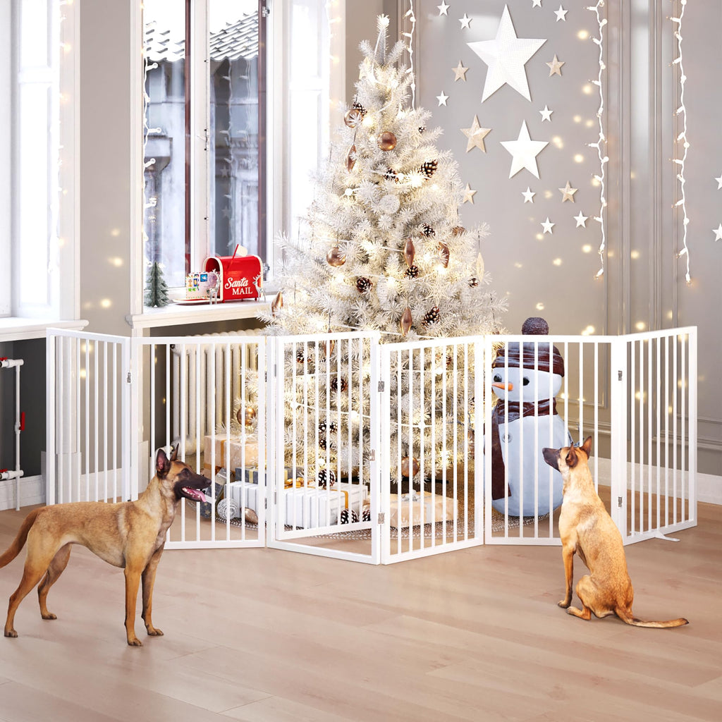 120" x 32" Foldable Freestanding Extra Wide Dog Gate with Door, White R55502