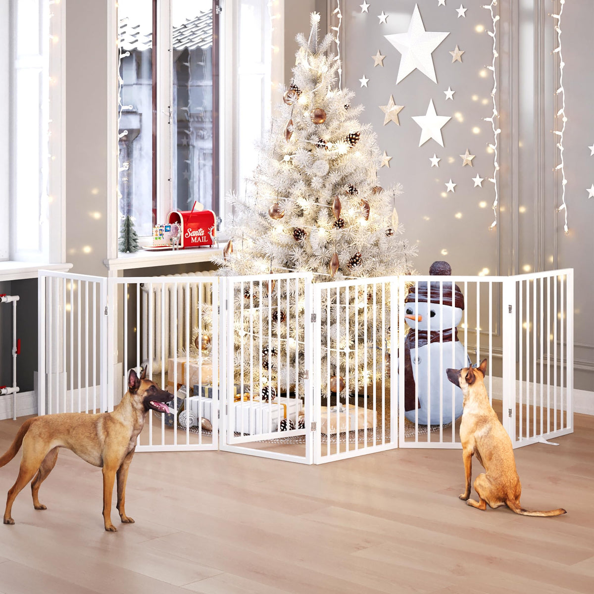 120" x 32" Foldable Freestanding Extra Wide Dog Gate with Door, White R55502