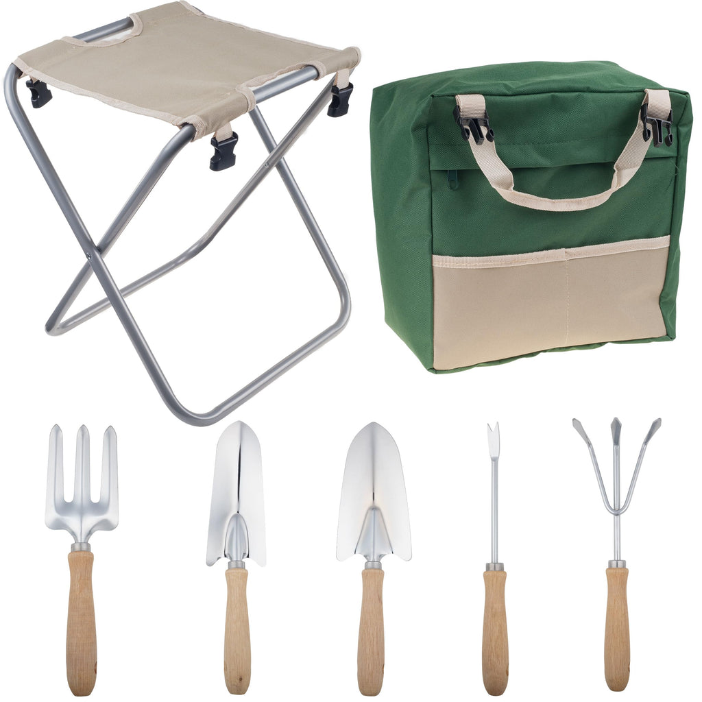 Folding Garden Stool with Tool Bag and 5 Garden Tools M783284