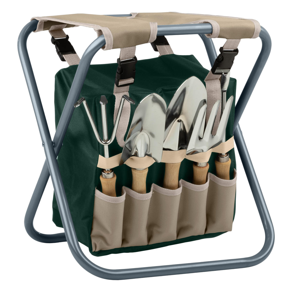 Folding Garden Stool with Tool Bag and 5 Garden Tools M783284
