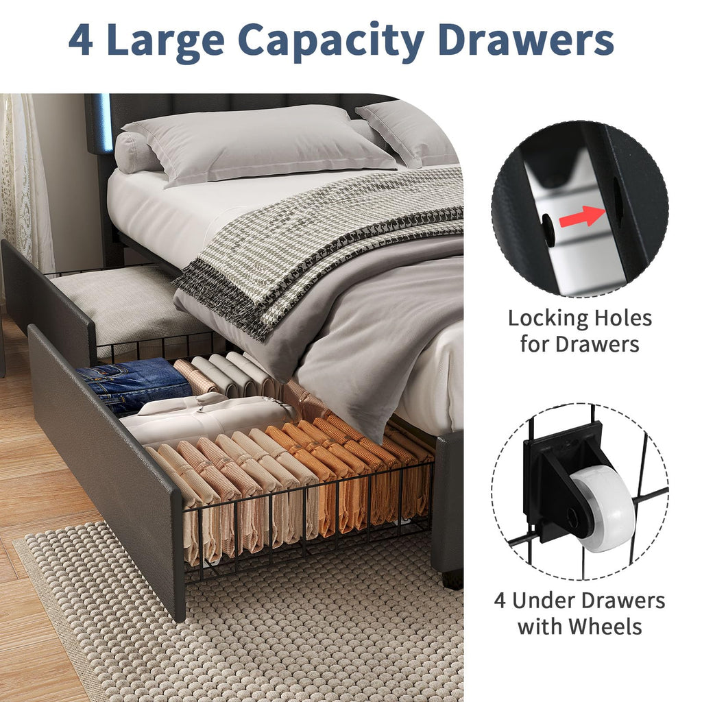 Black Full Size Upholstered Bed Frame with 4 Drawers and LED Lights X5537