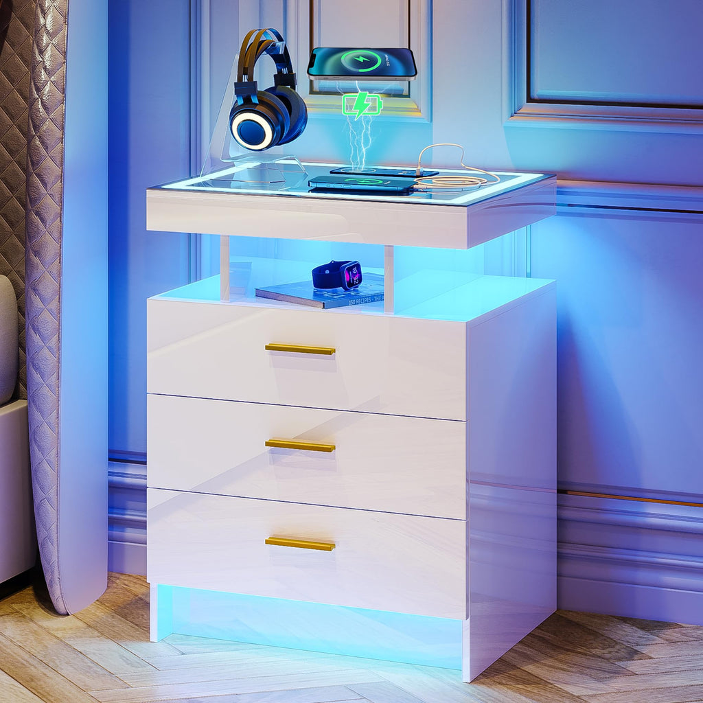 White LED Nightstand with Wireless Charging Station M85301