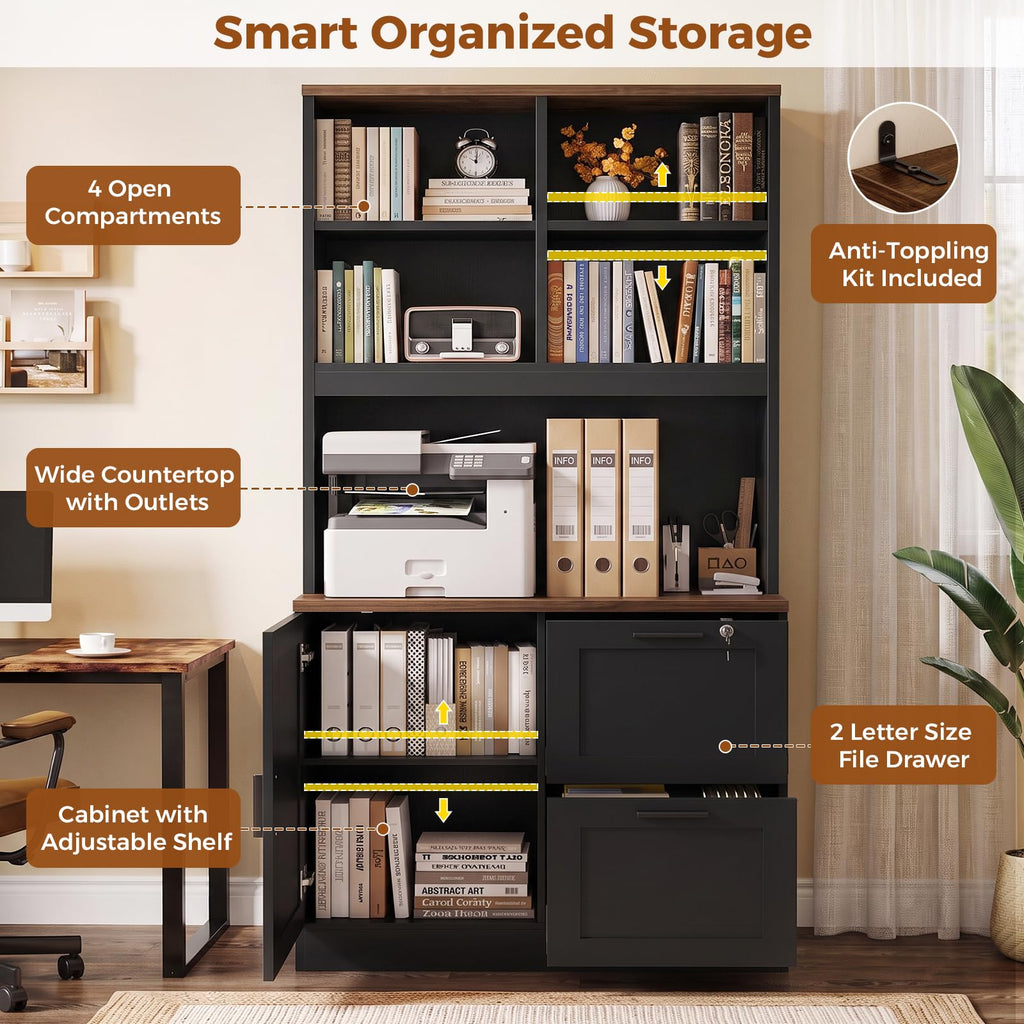 Black Vertical File Cabinet Bookcase with Printer Stand K4115