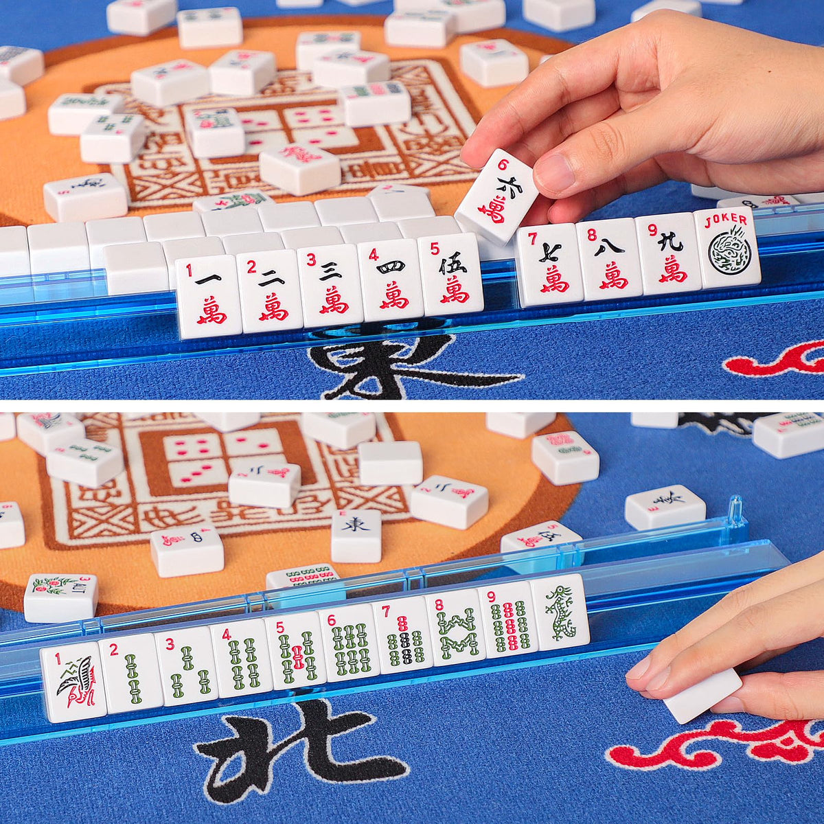 American Mahjong Game Set, 166 White Tiles, 4 Color Rack/Pushers, Blue Carrying Bag T3196