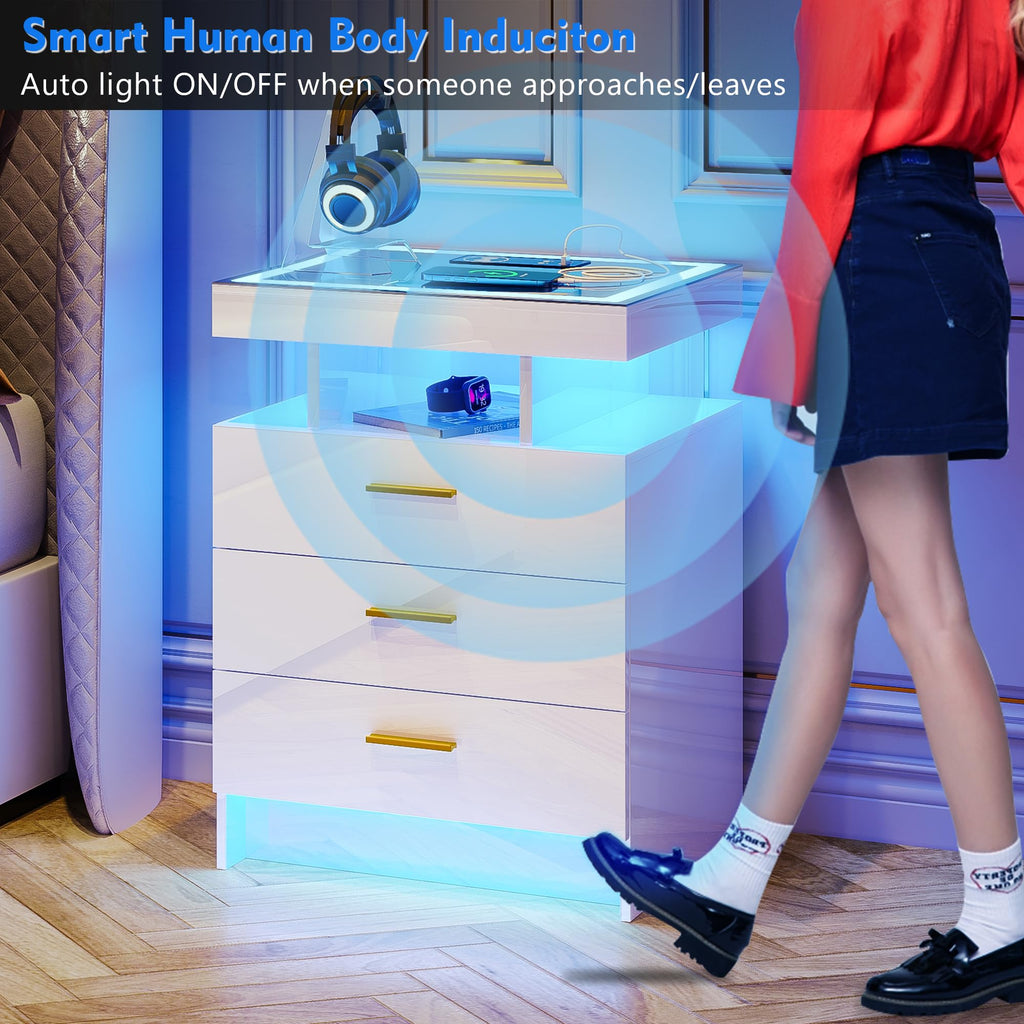 White LED Nightstand with Wireless Charging Station M85301