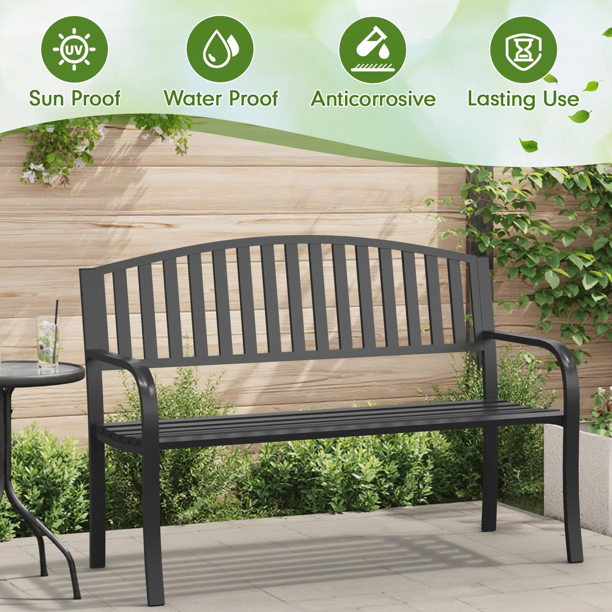 50" Iron Metal Outdoor Bench with Backrest and Armrests W811