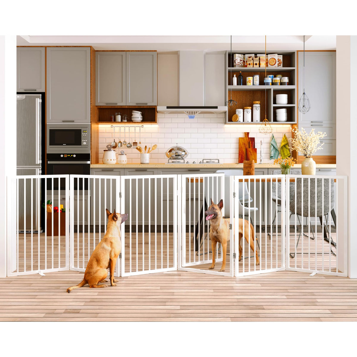 120" x 32" Foldable Freestanding Extra Wide Dog Gate with Door, White R55502