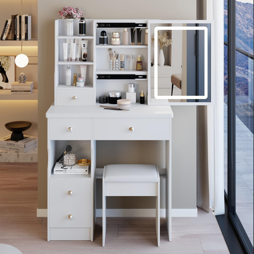 White Vanity Desk with Lighted Mirror and Stool Y34006