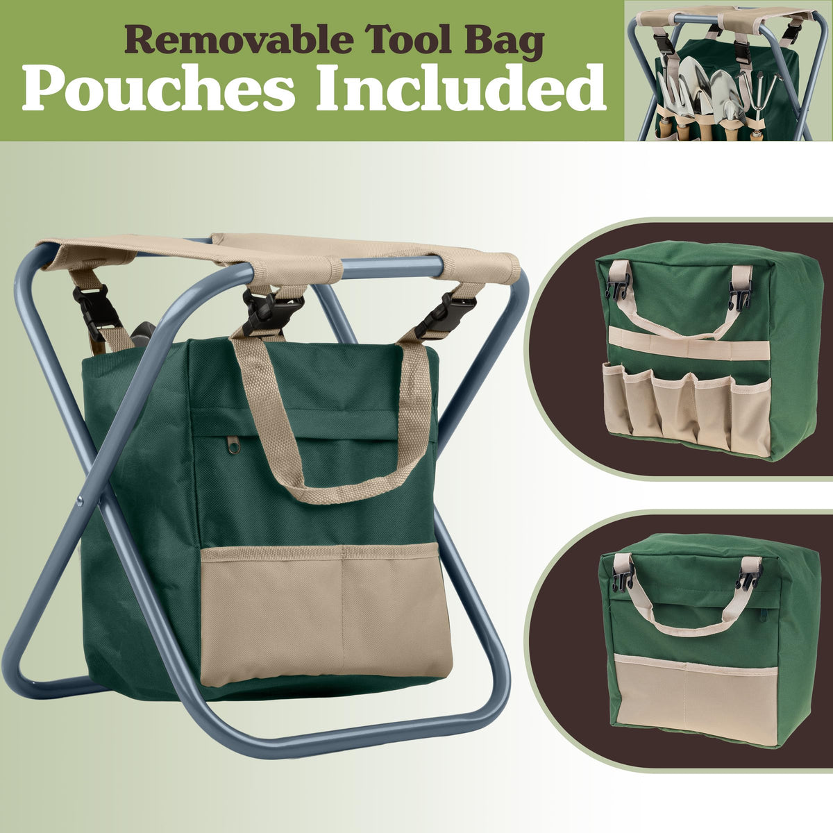 Folding Garden Stool with Tool Bag and 5 Garden Tools M783284