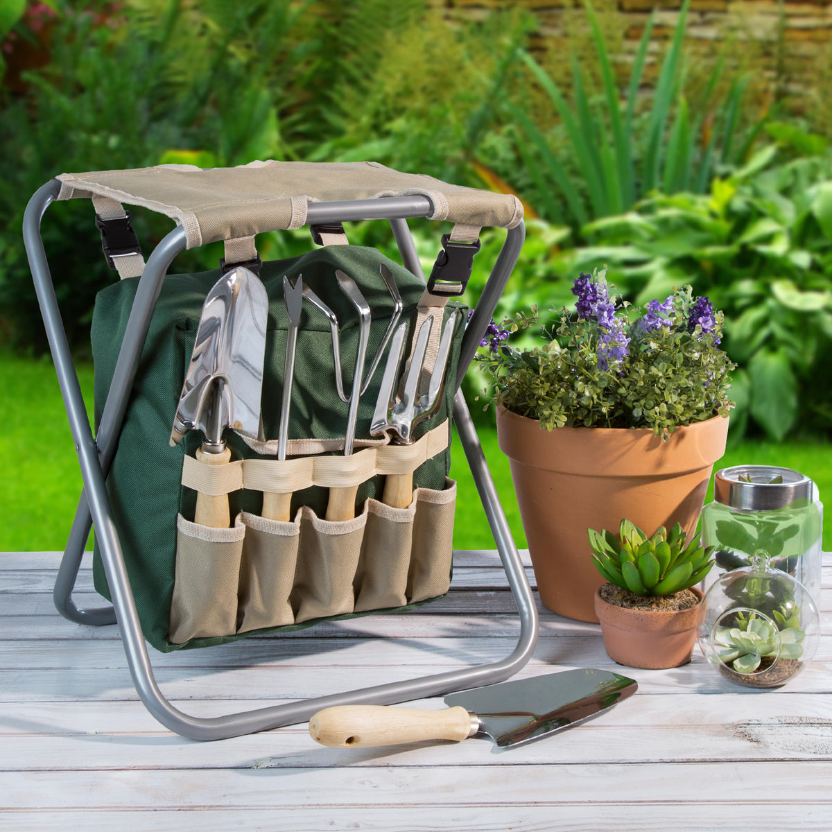 Folding Garden Stool with Tool Bag and 5 Garden Tools M783284