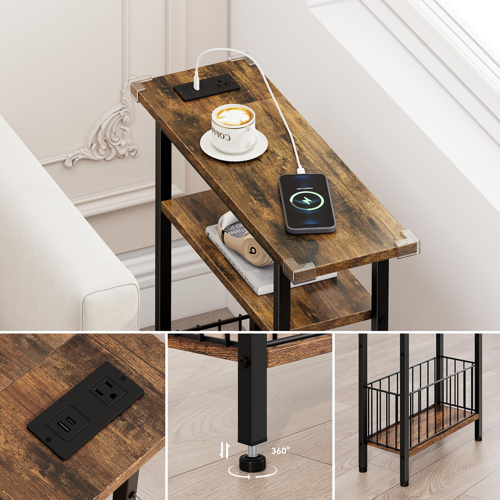 Narrow 3-Tier Side Table with Charging Station T895