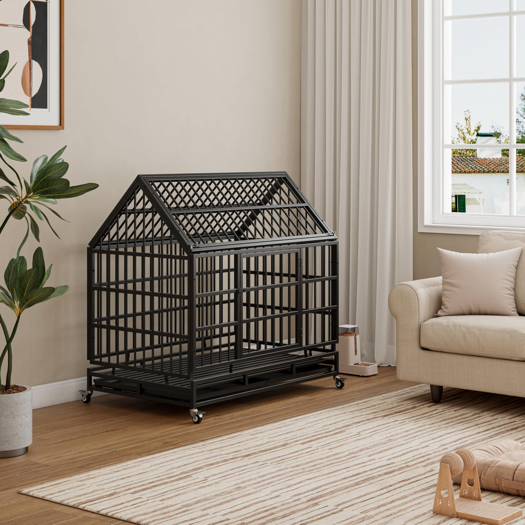 48 Inch Heavy Duty Collapsible Metal Dog Crate with Wheels J8582