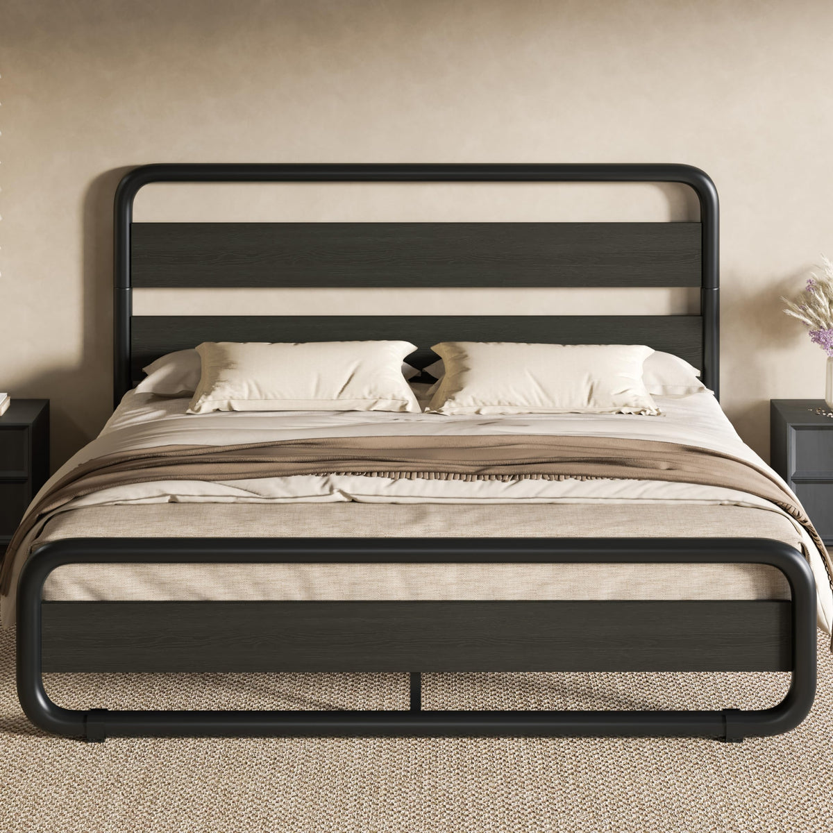 Full Size Metal Bed Frame with Wooden Headboard X422