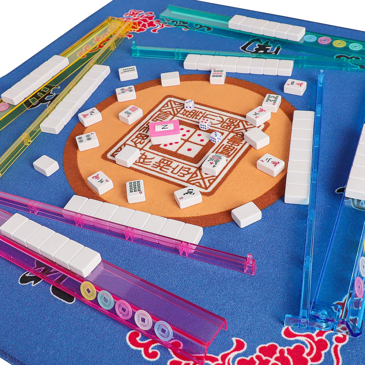 American Mahjong Game Set, 166 White Tiles, 4 Color Rack/Pushers, Blue Carrying Bag T3196