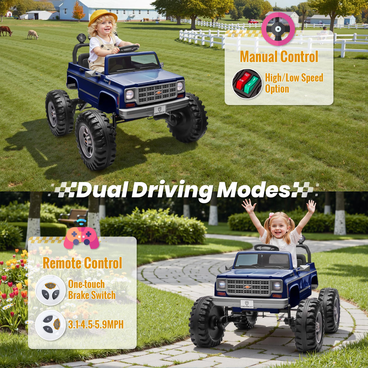 24V Blue 4WD Ride on Monster Truck Car U990605