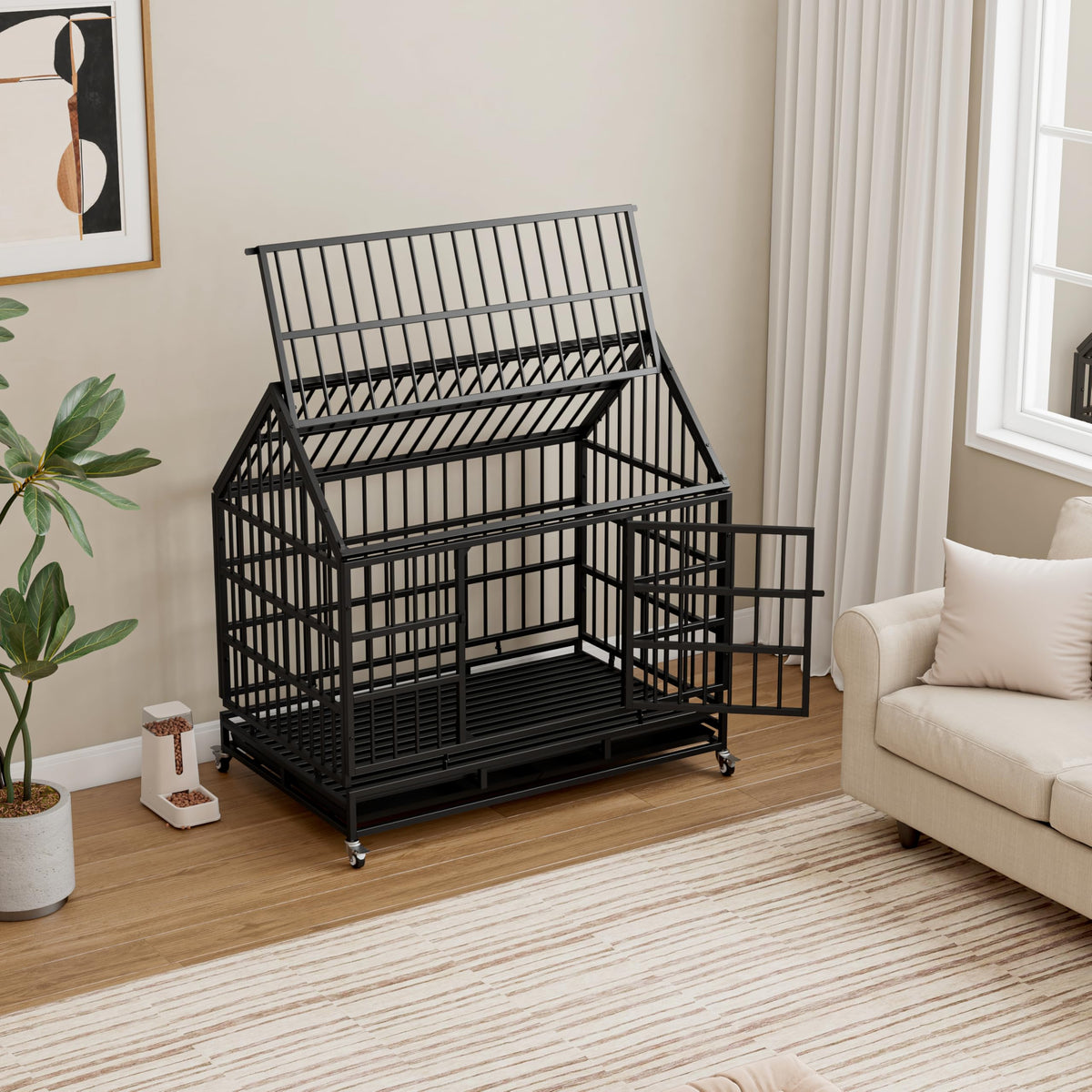 48 Inch Heavy Duty Collapsible Metal Dog Crate with Wheels J8582