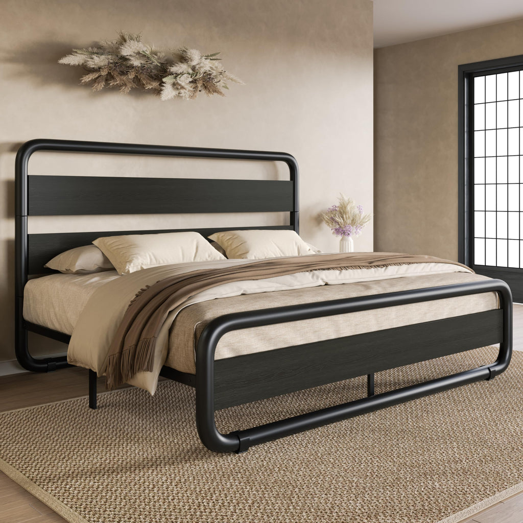 Full Size Metal Bed Frame with Wooden Headboard X422