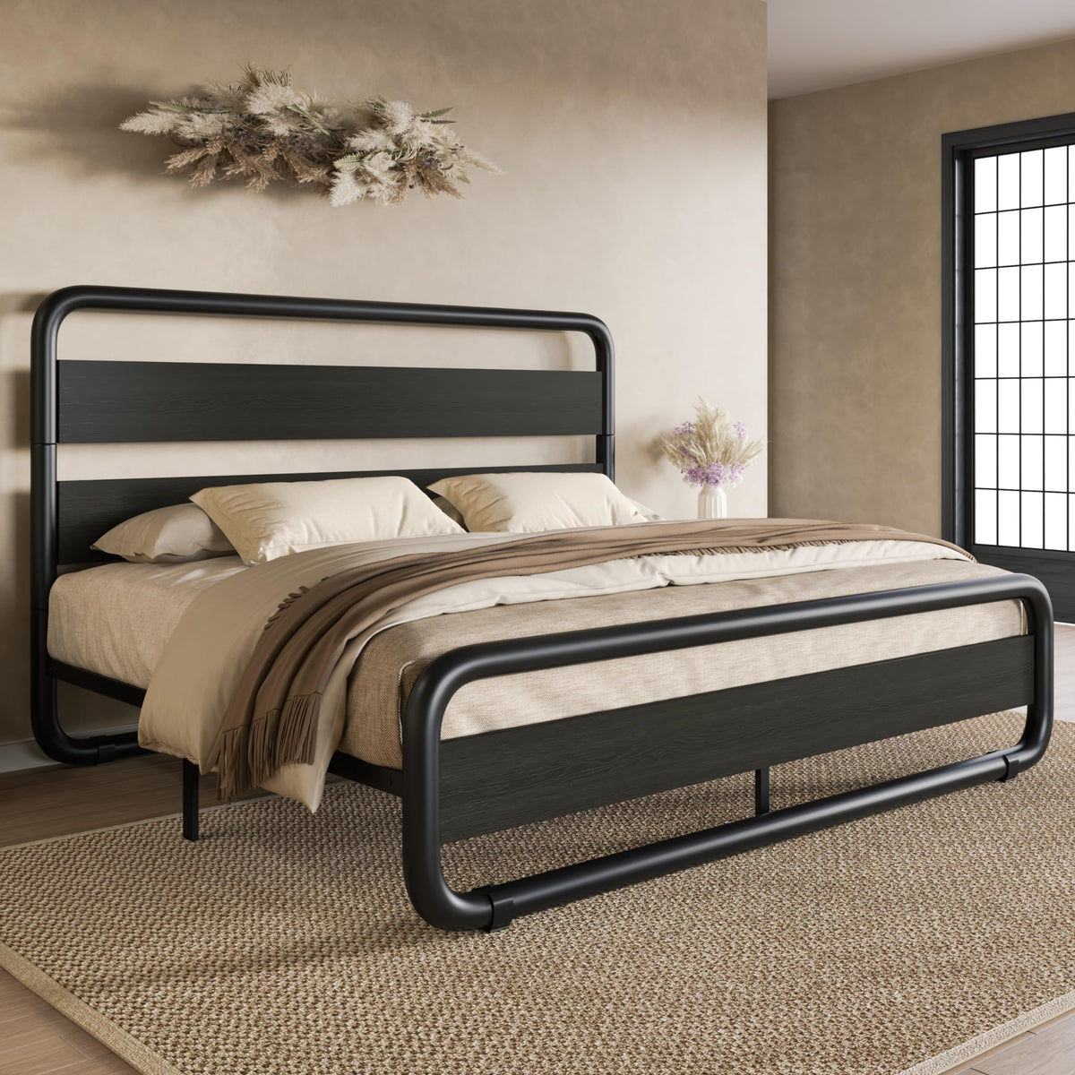 Full Size Metal Bed Frame with Wooden Headboard X422
