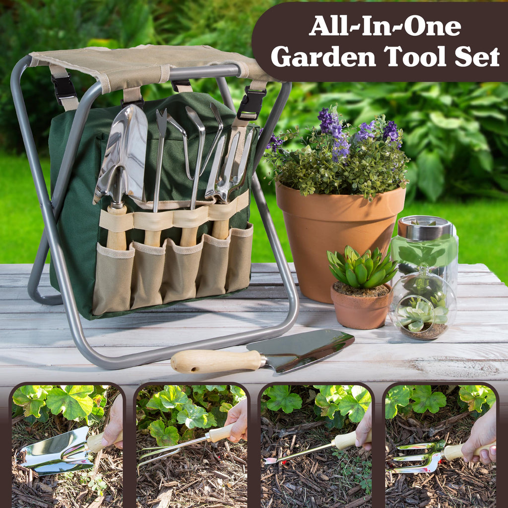 Folding Garden Stool with Tool Bag and 5 Garden Tools M783284