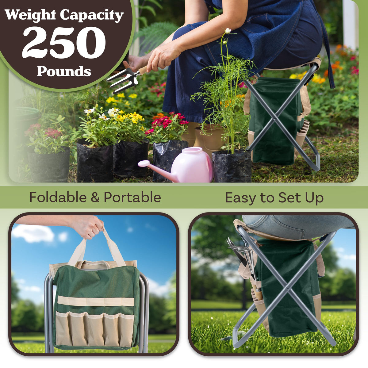 Folding Garden Stool with Tool Bag and 5 Garden Tools M783284