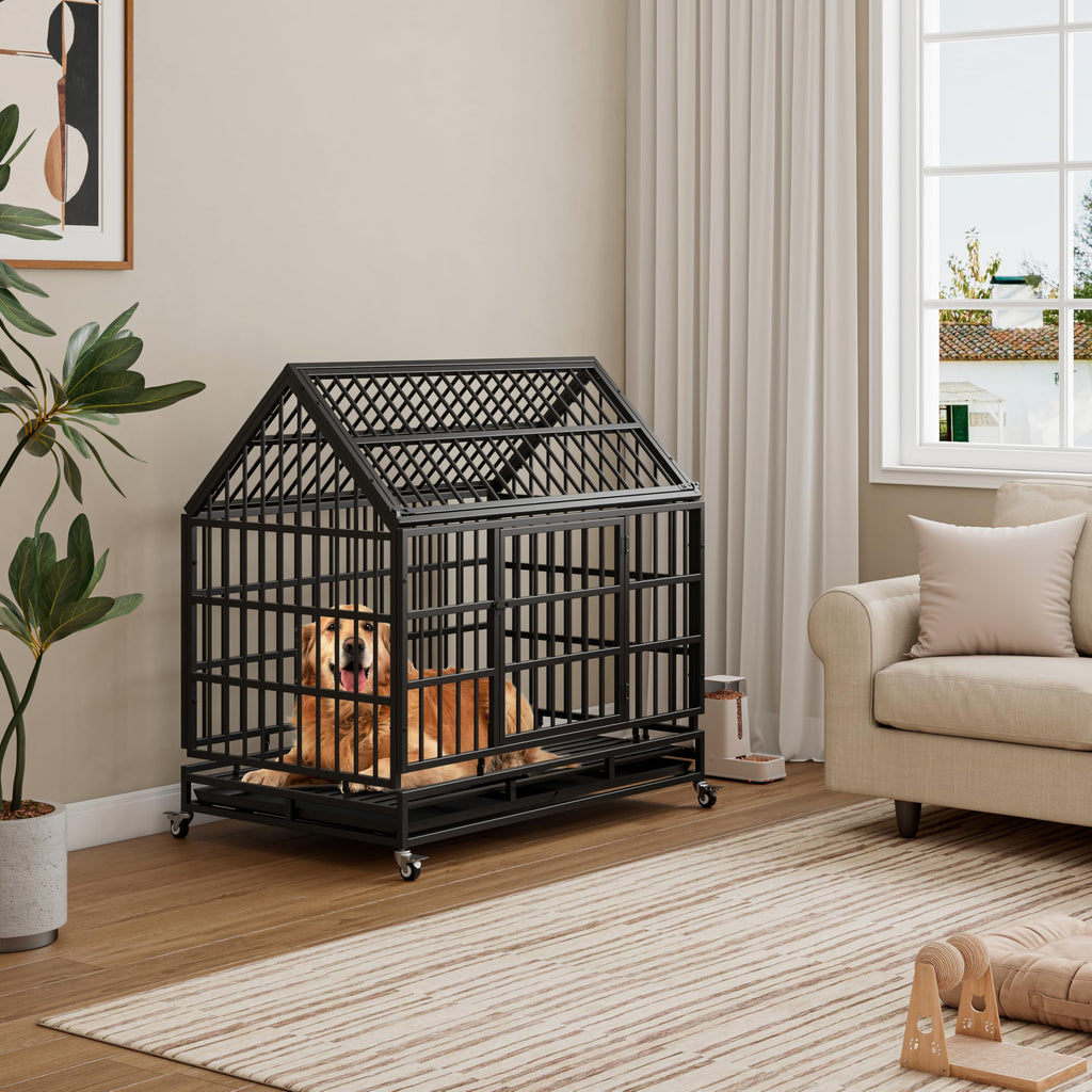 48 Inch Heavy Duty Collapsible Metal Dog Crate with Wheels J8582